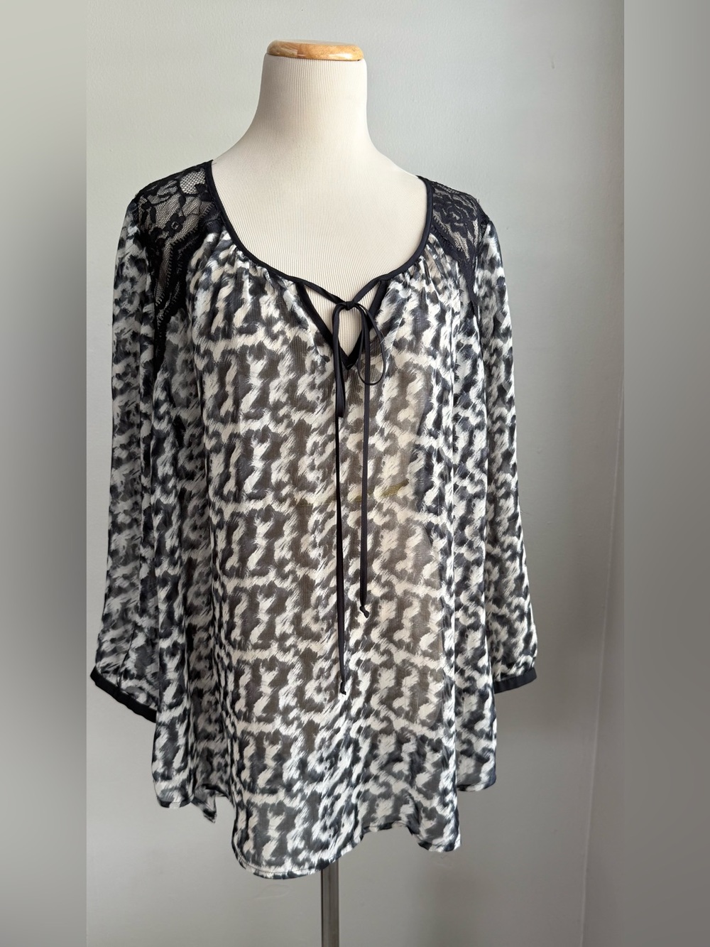 Daniel Rainn Black and White Sheer Tie-Neck Blouse